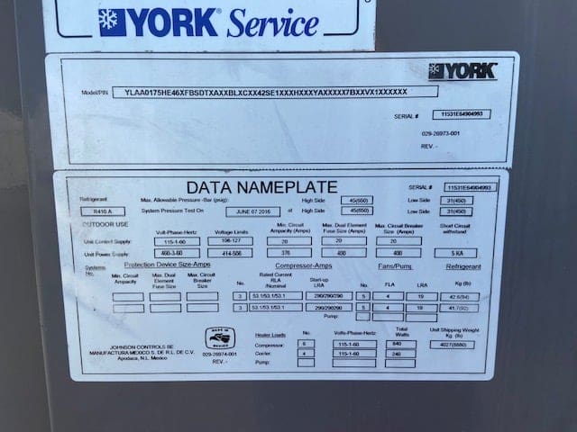 175-ton York air-cooled chiller, model L008216, available for sale.
